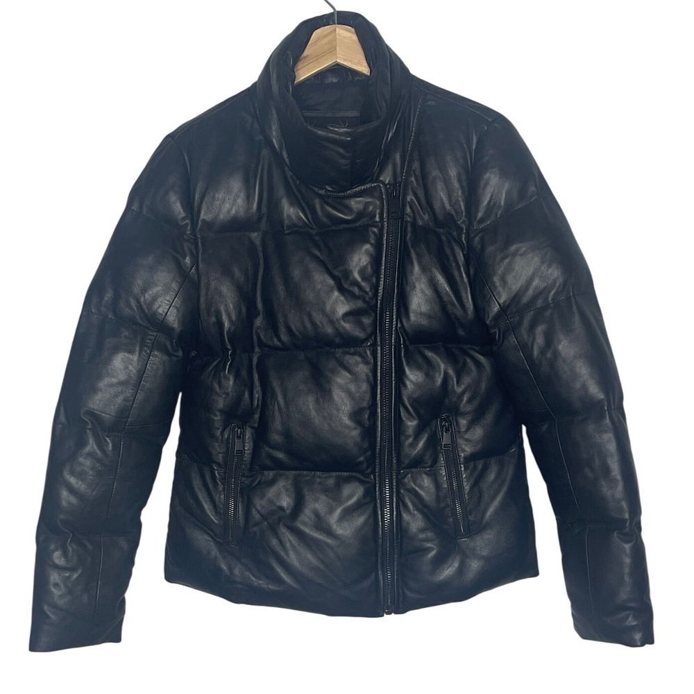 Bod & Christensen Womens Black Leather Puffer Jacket Asymmetrical Zip Large